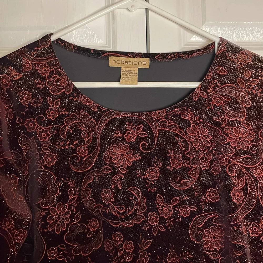 NOTATIONS Glitter Floral 3/4 Sleeve Pullover Velvet Top, Women’s L, Burgundy
